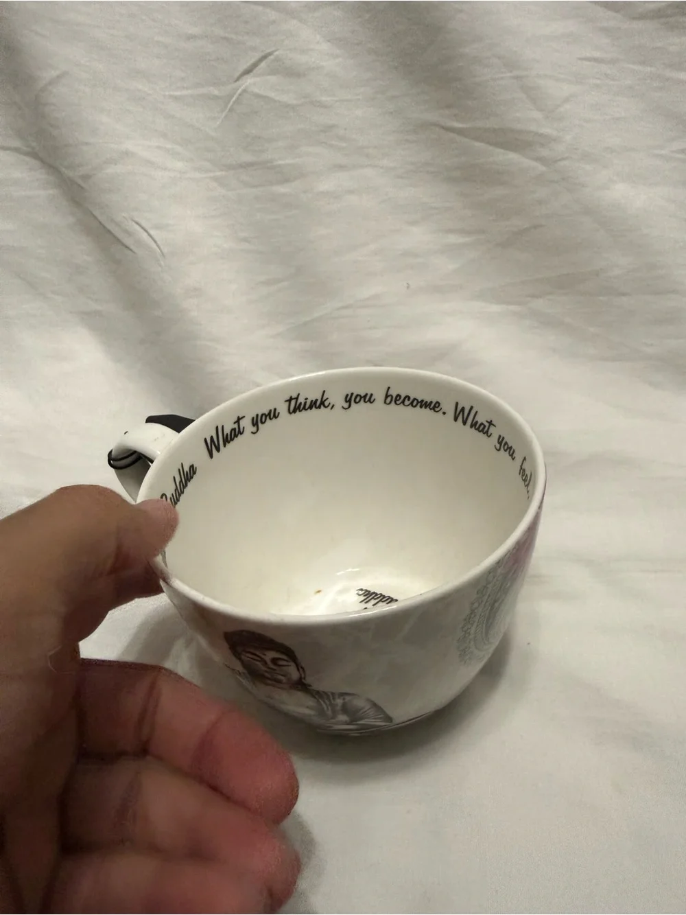 Buddha Stoneware Tea Cup - White and Black with Floral Accents